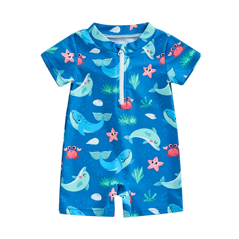 FOCUSNORM 2 Colors Summer Baby Boys Beachwear 0-3Y Short Sleeve Turtle Dolphin Print Swimsuit Jumpsuit Summer Swimwear