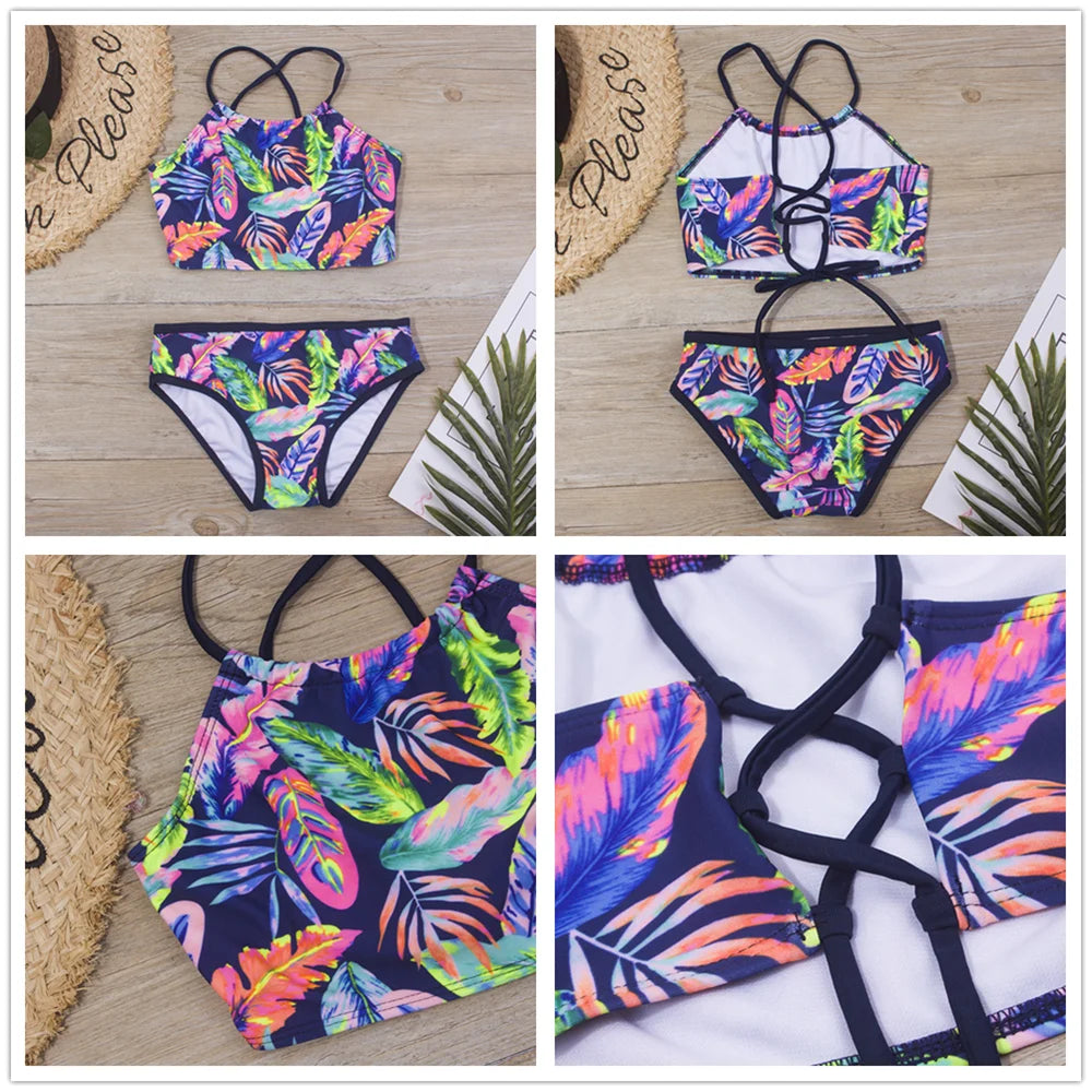 7-14Year Rainbow Print Child Bikini Set 2024 Girls Swimsuit Swimwear For Kids Summer Brazilian Teen Baby Swimming Suit Set 2
