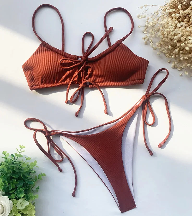 Strappy Lace Up Ribbed Bikini Women Swimwear Female Swimsuit Two-piece Bikini set Hollow Out Bathing Suit Swim