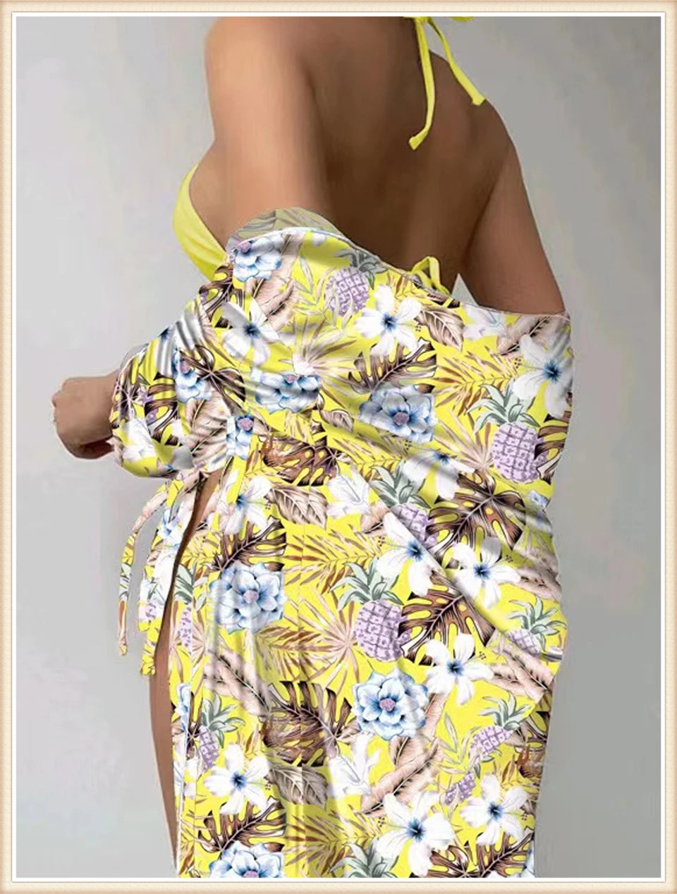 Lace Up Bikinis & Cover Up Long Sleeve Swimwear Women 3-Piece Print Swimsuit Summer Beach Bathing Suit Female Swimming Wear