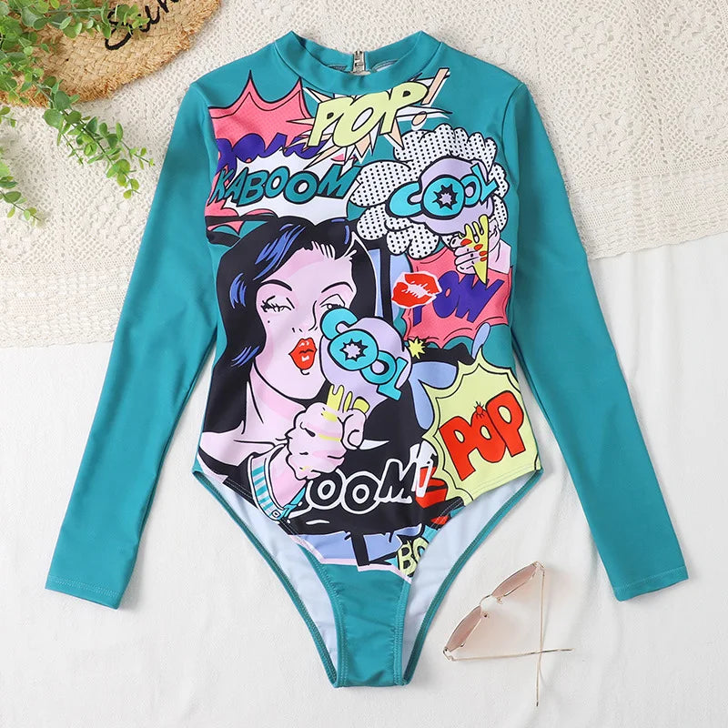 Surfing Sport Long Sleeves Swimsuit For Women Floral Printed High Quality Swimwear Patchwork Bathing Suit Tropical Summer
