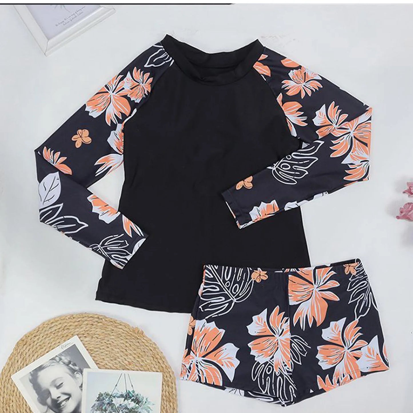 Printed Swimsuit Women's Long Sleeve Split Swimsuit Conservative Sporty Bikini Sunblock Tight Swimwear Tankini