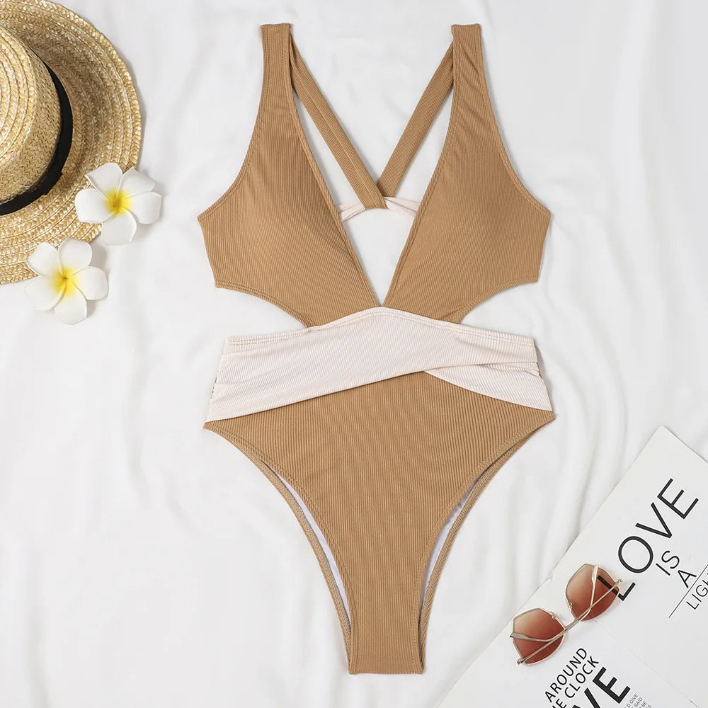 Patchwork Solid Swimwear Women Strapped One Piece Swimsuit Beach Lady Monokini Backless Hollow Bathing Suit