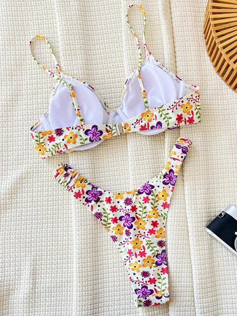 Flowers Printed Underwired High Cut Bikini Female Swimsuit Women Swimwear Two-pieces Bikini Set Push Up Bathing Suit Swim Lady