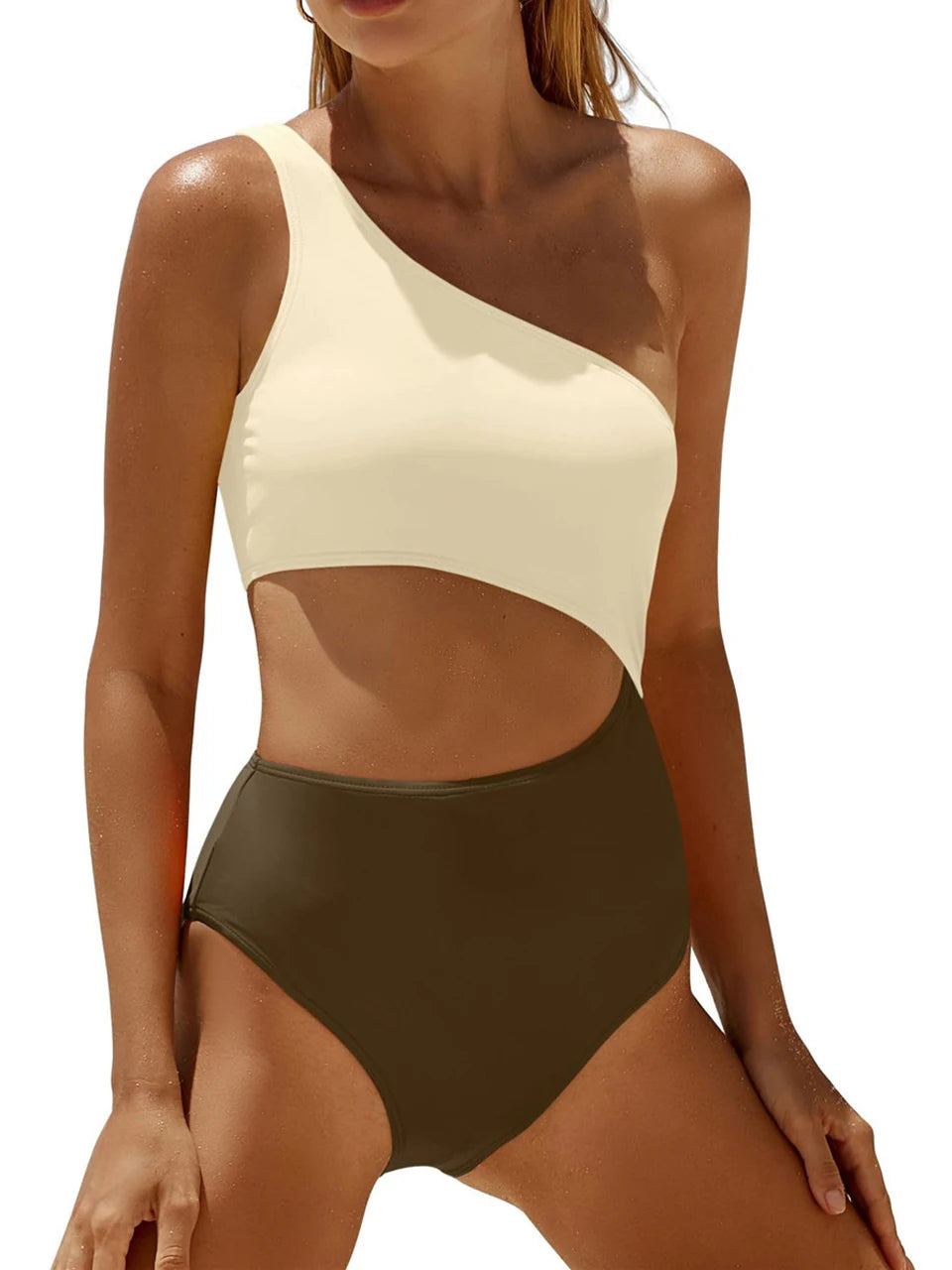 One Shoulder Solid One Piece Swimsuit Women Color Block Hollow Swimwear Female Bathers Bathing Swim Suit Padded Beachwear