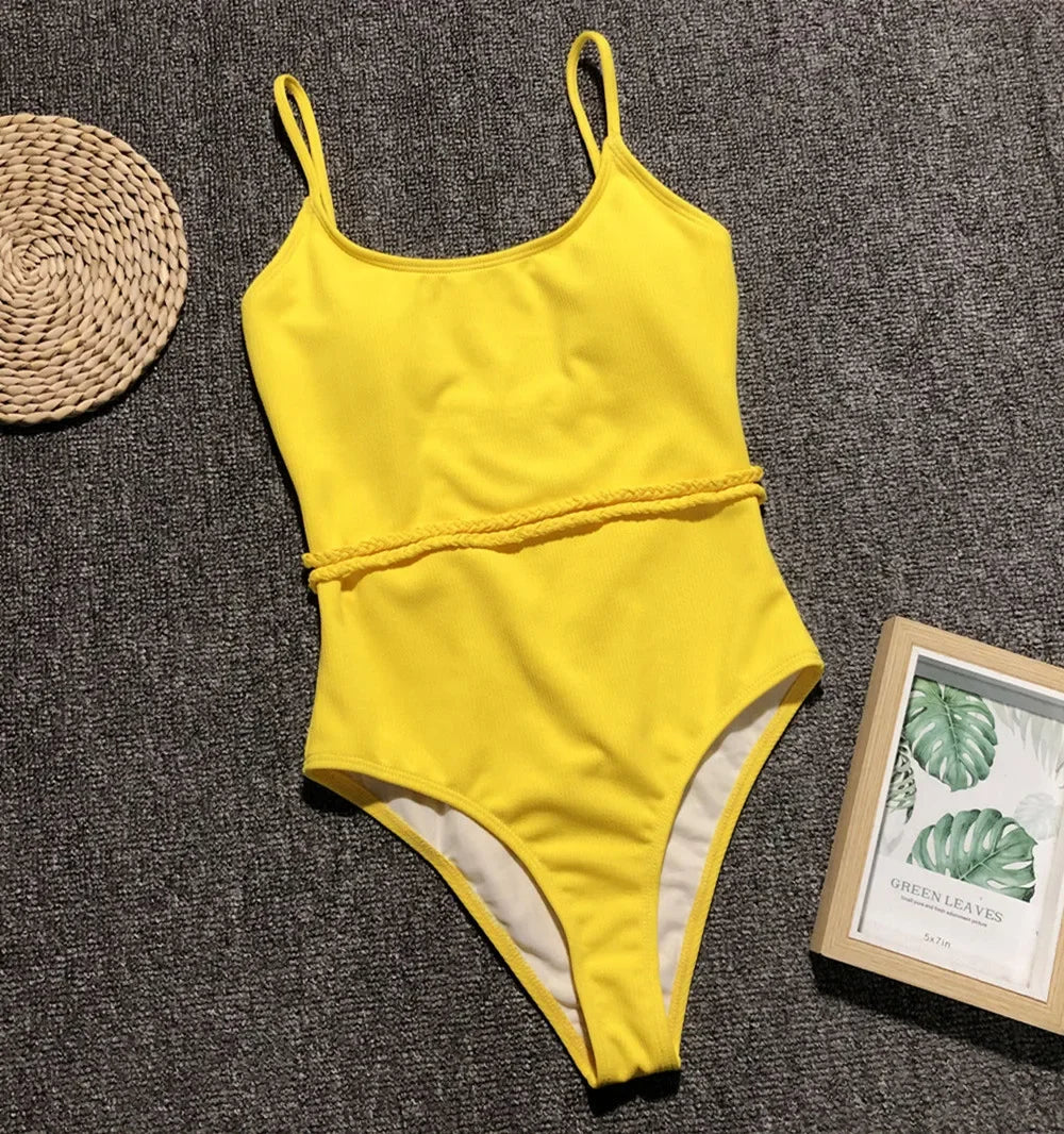 4 Colors One Piece Swimsuit Swimwear Women Solid Special Fabric Bathing Suit Beachwear with Waistband