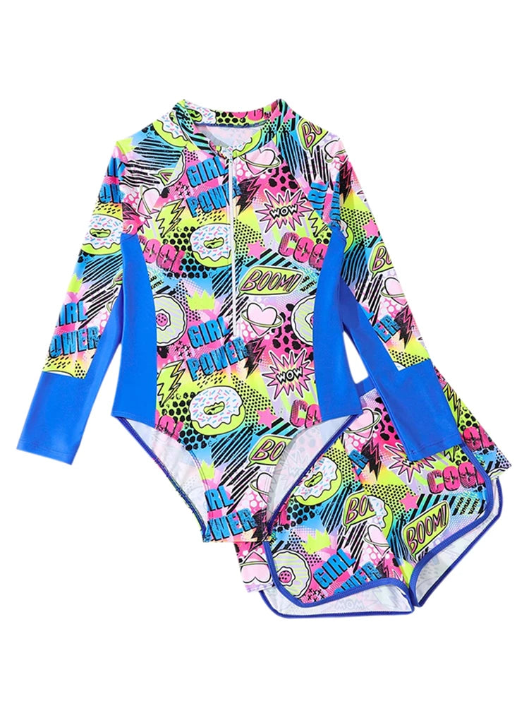 Two Piece Swimsuit Girls Kids Print Long Sleeve Zipper Children Swimwear Summer Bodysuit Shorts Bathing Suits Swimming