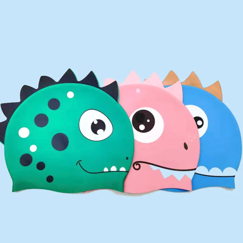 Cartoon Silicone Swimming Cap Waterproof Dinosaur Long Hair Sports Swim Pool Hat Adults & Children Elastic Swimming Cap