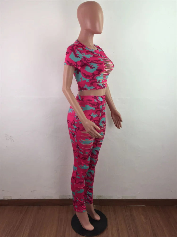 Wmstar Women Two Piece Set Summer Sport Fashion Casual Ripped Sweatshirt Sweat Camouflage Print Pant Sets Outfit Tracksuit