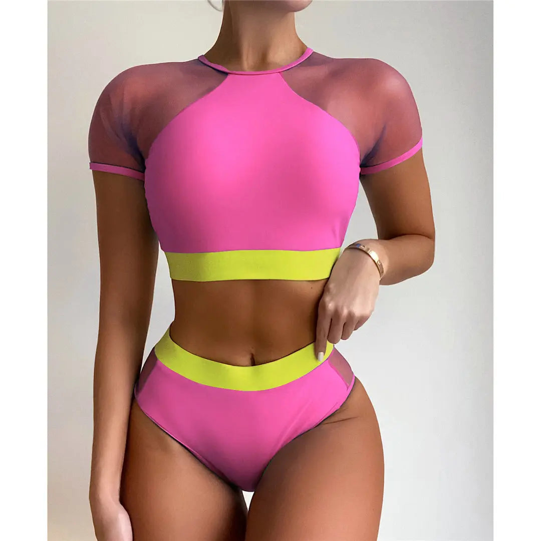 Neon Colours Short Sleeve Mesh High Waist Bikini Women Bikini Sets