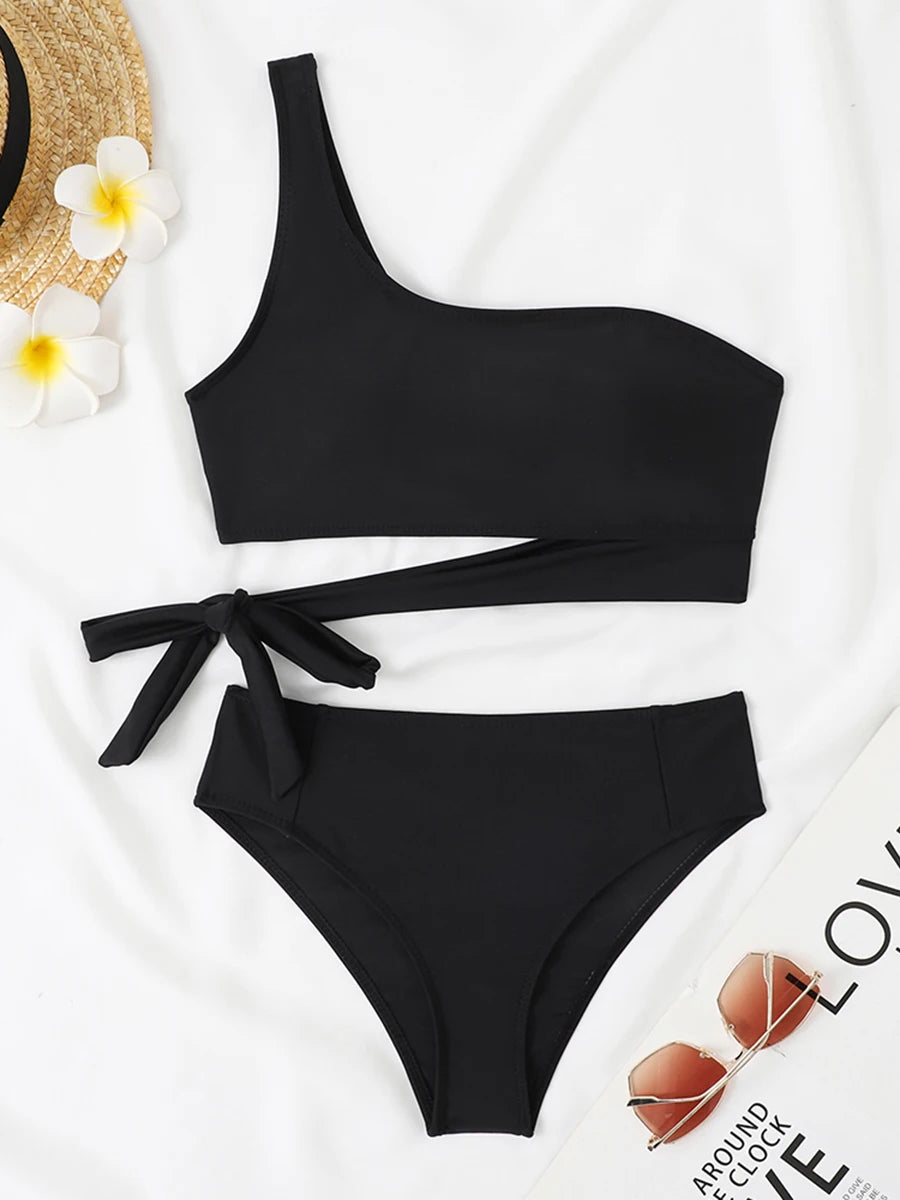 One Shoulder Bikini Set Swimsuit Women Solid Padded Swimwear Female Bathers Bathing Swimming Swim Suit Beachwear