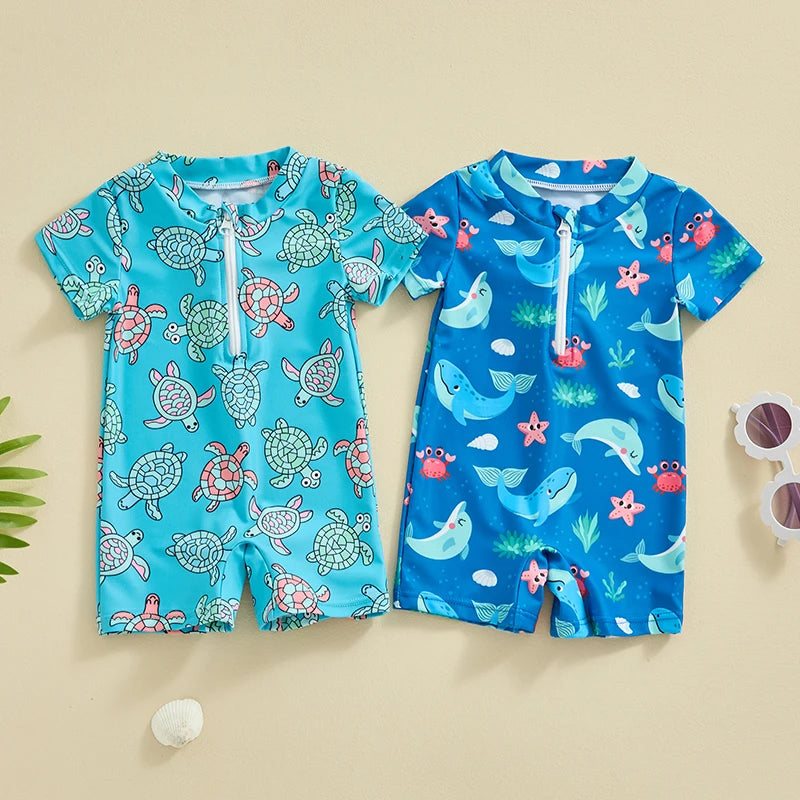 FOCUSNORM 2 Colors Summer Baby Boys Beachwear 0-3Y Short Sleeve Turtle Dolphin Print Swimsuit Jumpsuit Summer Swimwear