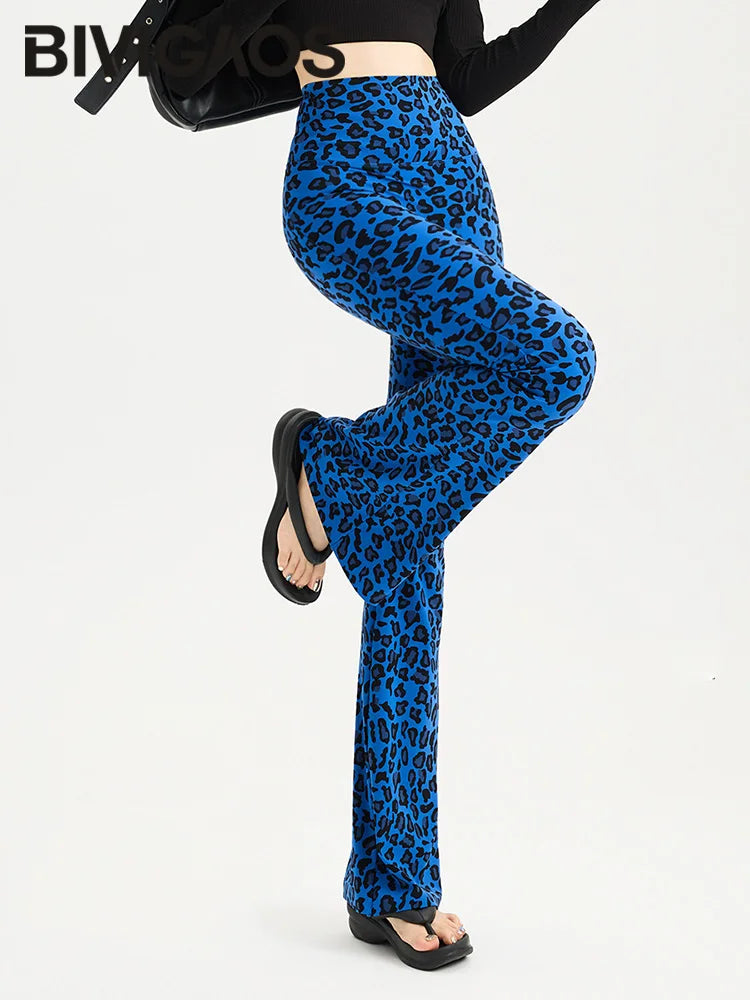 BIVIGAOS Spring Summer Leopard Print Flared Leggings Women Sharkskin High Waist Tight Sport Pilates Fitness Horseshoe Pants