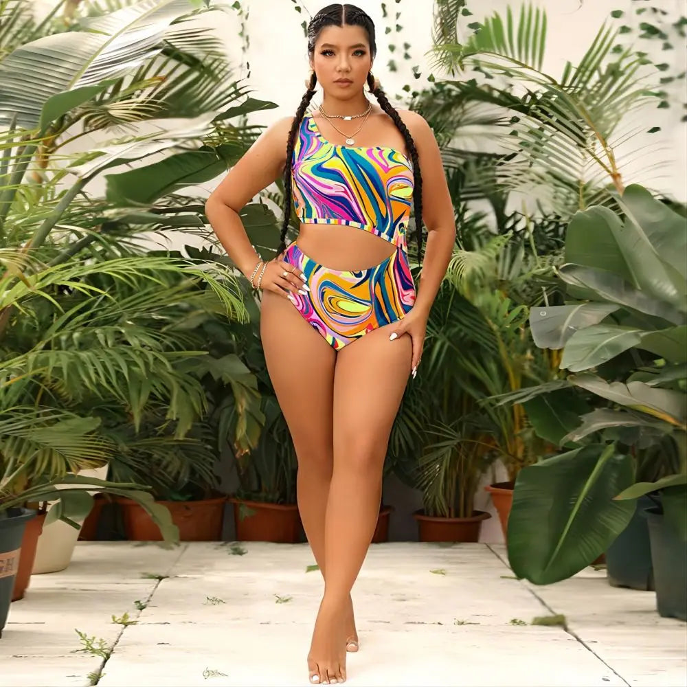 Women's One Shoulder Hollow Out High Sense Bikini, Fluid Print Swimsuit