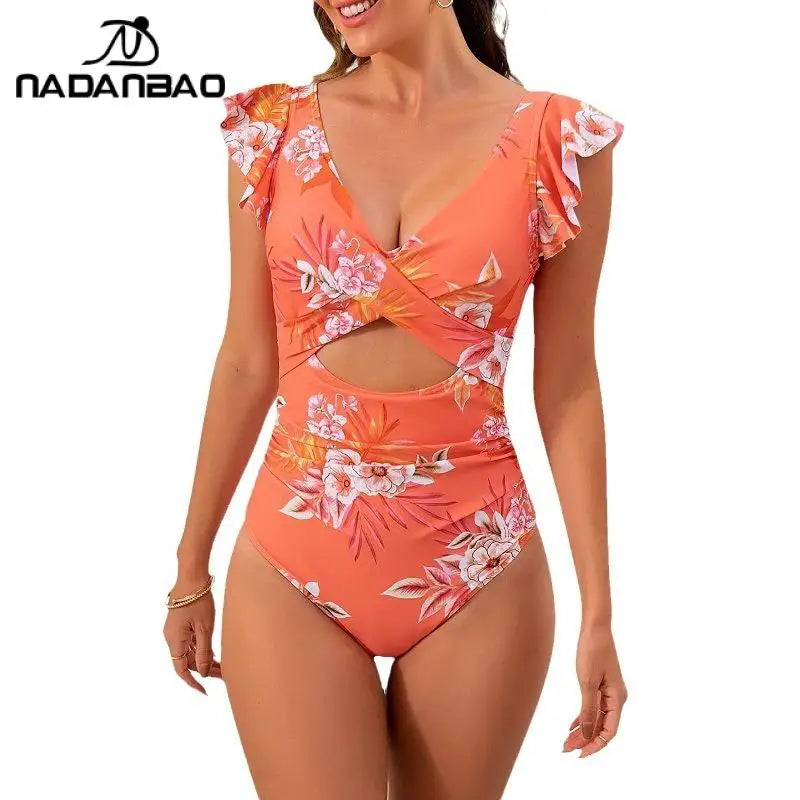 Nadanbao Fashion Elegance One-Piece Swimsuit Women Plicated Bikini Female Hollow Out Backless Flounce Beach Party Swimming Suit