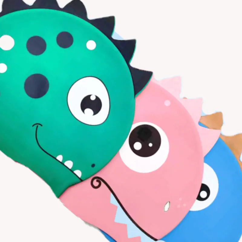 Cartoon Silicone Swimming Cap Waterproof Dinosaur Long Hair Sports Swim Pool Hat Adults & Children Elastic Swimming Cap