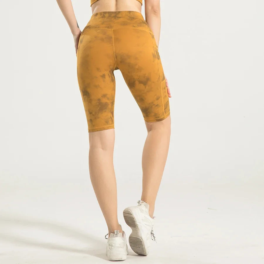 Tie Dye Women Shorts with Pockets Tummy Control Butt Lift Biker Shorts High Waist Workout Tights Stretchy Yoga Shorts for Gym