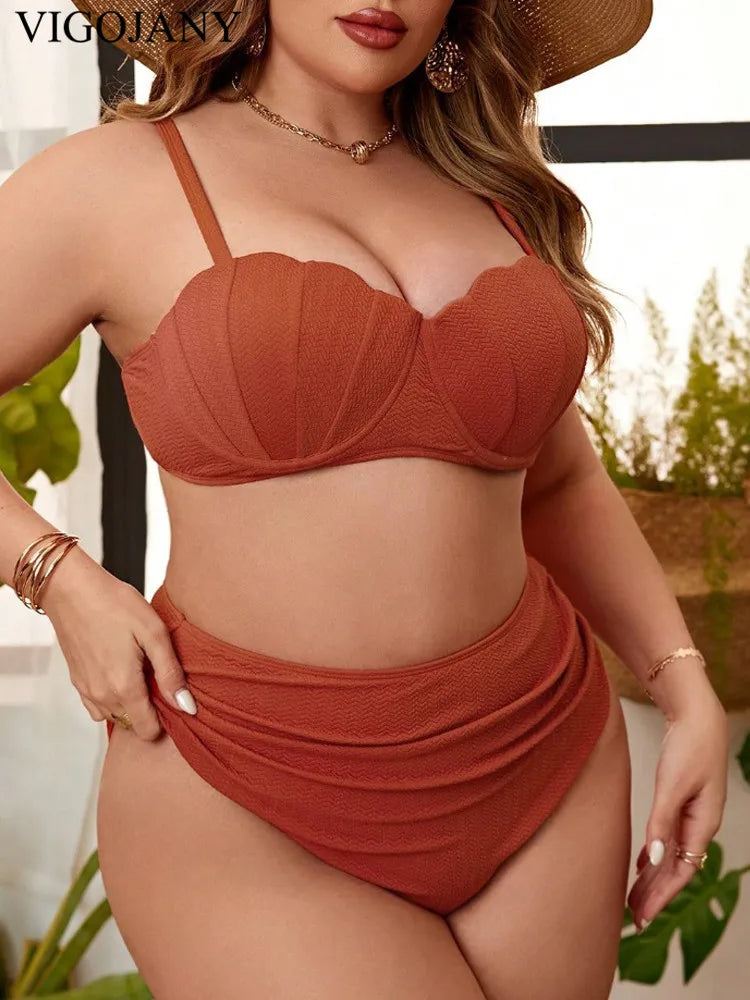 Solid 2 Piece Plus Size Bikini Set Women Strapped Push Up Large Big Swimsuit High Waist Bathing Suit