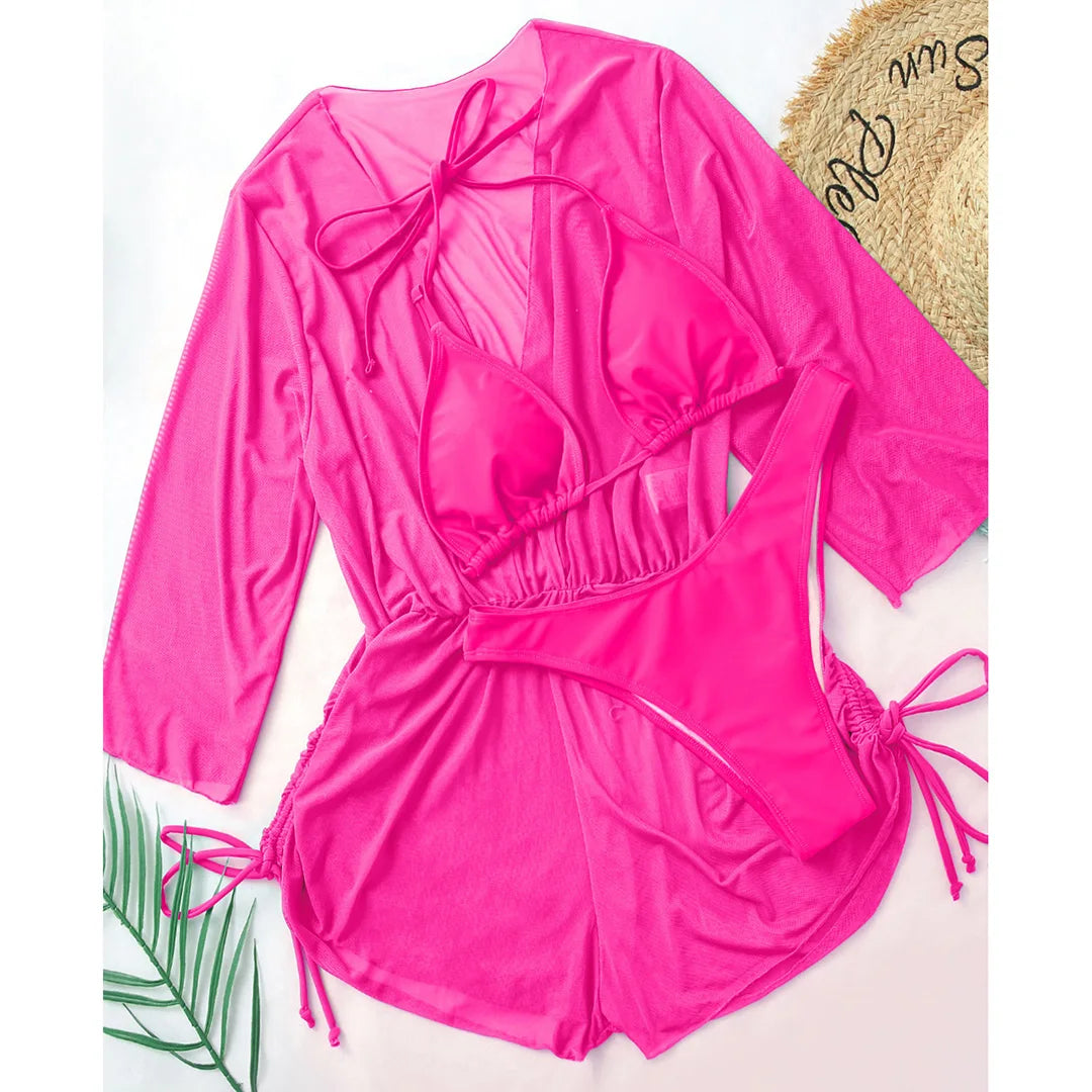 3 PCS Halter Bikini Women Swimwear Female Swimsuit Three-pieces Bikini set With Cover Up Bather Bathing Suit Swim Lady