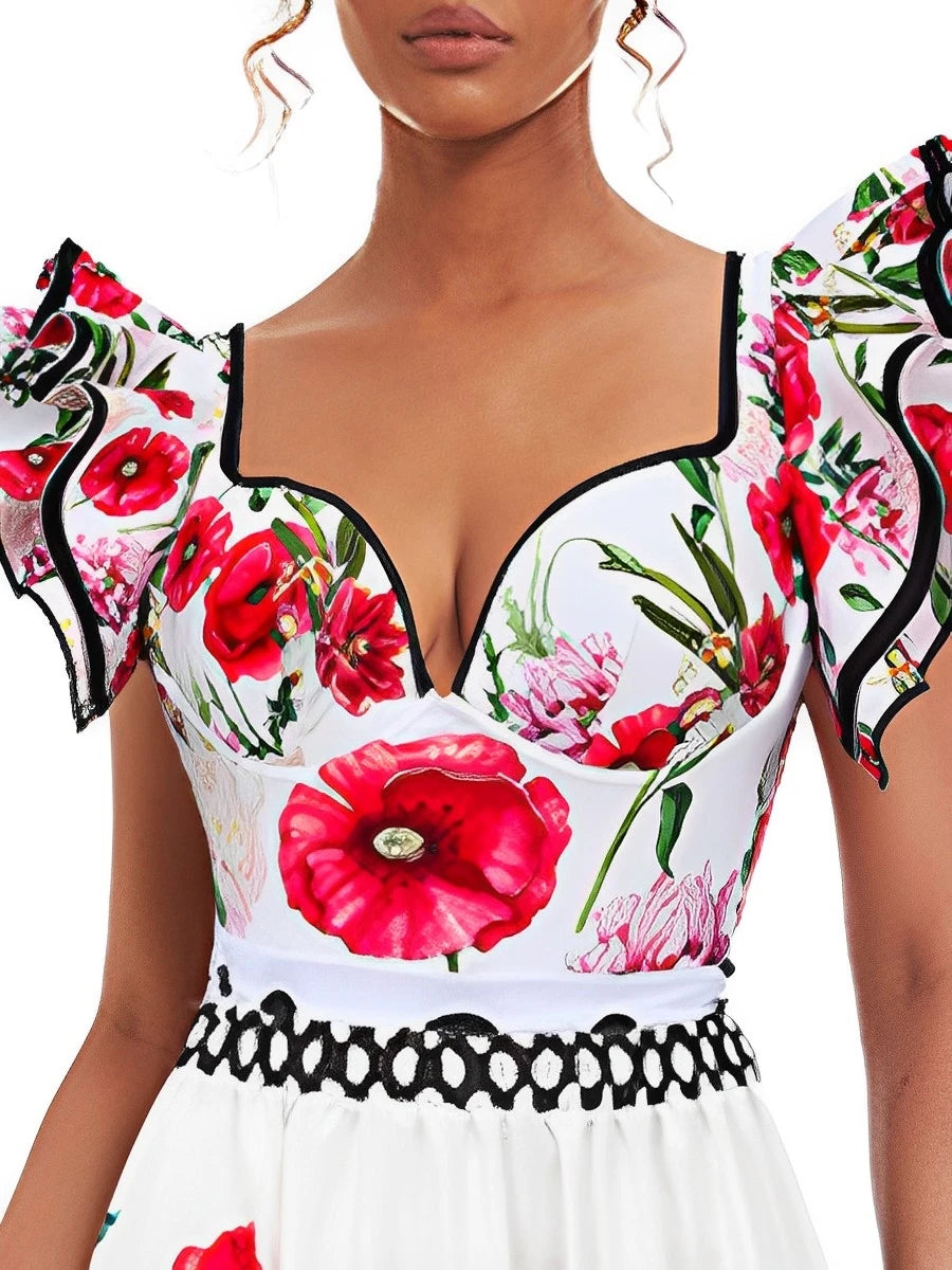 Push Up Floral Frill Shoulder Swimsuit Women One Piece Swimwear Female Beachwear Bathers Bathing Swimming Swim Suit