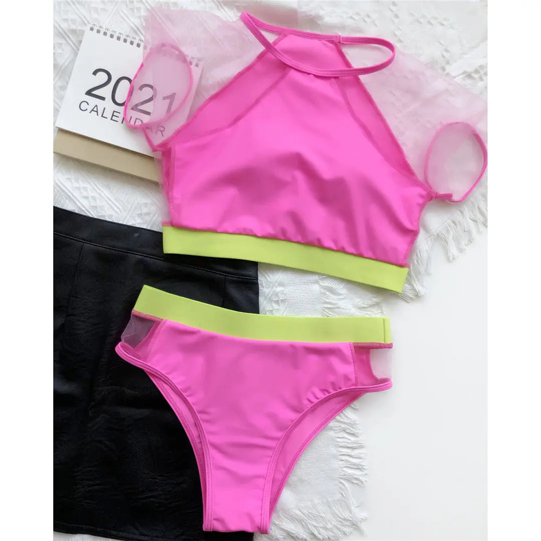 Neon Colours Short Sleeve Mesh High Waist Bikini Women Bikini Sets