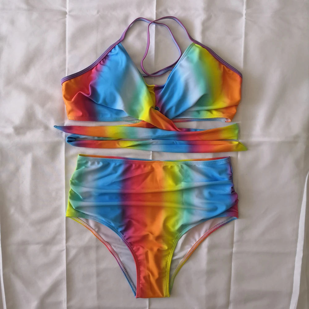 Bikini Two Piece Suit Cross Front Slim High Waisted Bottom Solid/Print Breathable Quick Drying Beachwear