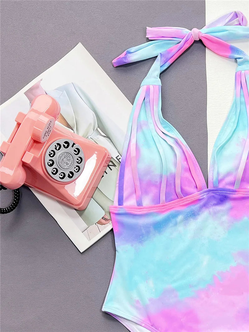 Tie Die Design Backless Swimwear Women Beach One Piece Swimsuit