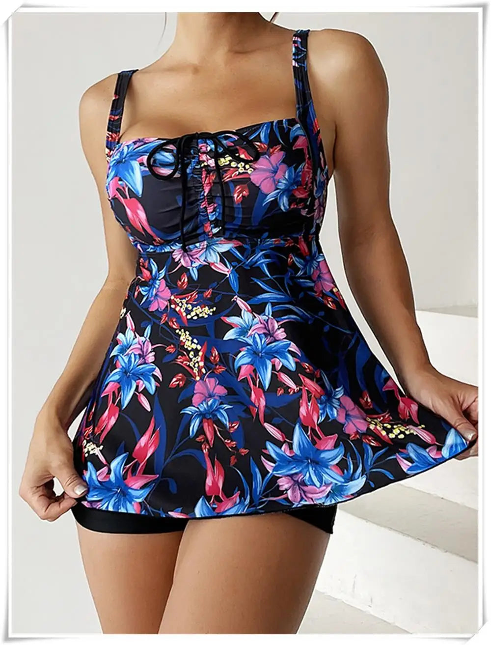Drawstring Tankini Set Two Piece Swimsuit Short Women Floral Printed Swimwear Female Bathing Suit Beachwear Swimming