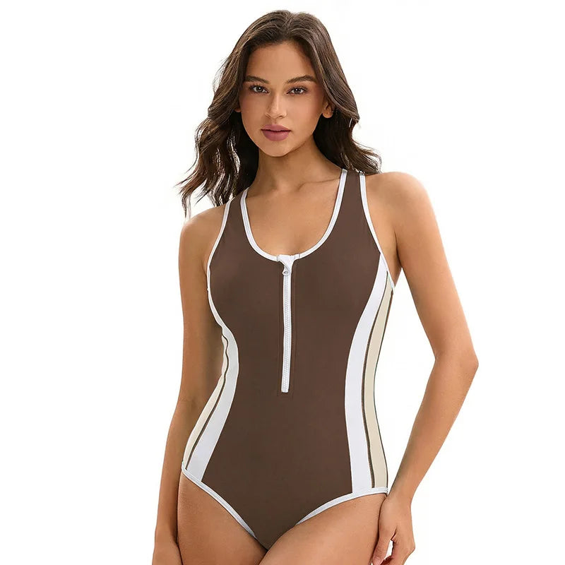 One Piece Swimsuit Women Sleeveless Swimwear Front Zipper Rash Guard UPF 50+ Diving Suit High Elasticity Beachwear Bathing Suit