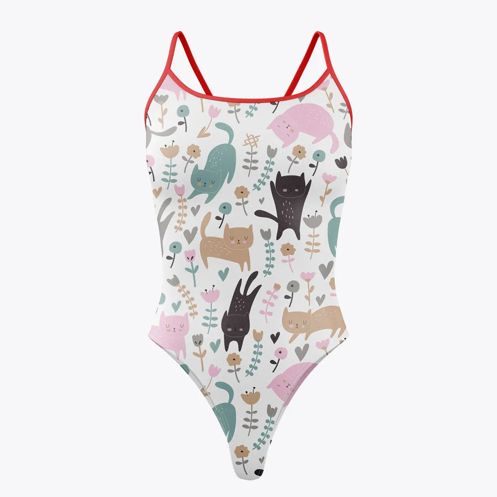 High Cut Multi Coloured One Piece Swimsuit Women Swimwear Summer Swimming Pool Training Swimsuit
