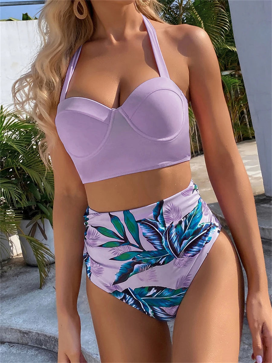 Push Up Swimsuit Women High Waist Bikini Set Butterfly Print Swimwear Female Padded Bathing Suit Swimming Beachwear Summer