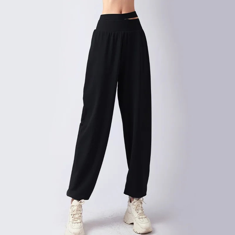 High Waist Hollow Double Waist Yoga Pants Women Slimming Sports Pants Loose Tie Feet Running Fitness Quick Drying Pants