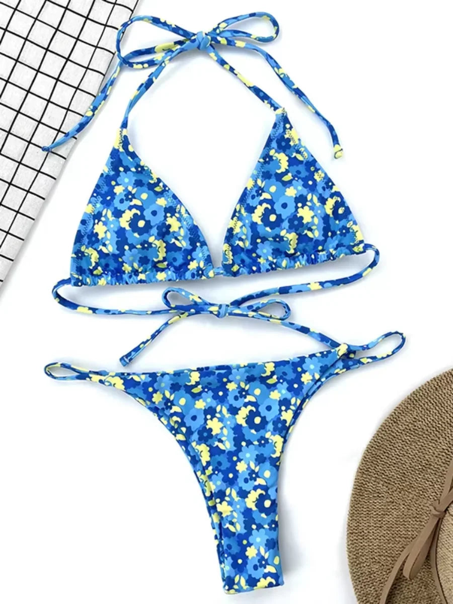 Floral Print Halter Mini Micro String Bikini Female Swimsuit Women Swimwear Two-pieces Bikini Set Bather Bathing Suit Swim Lady