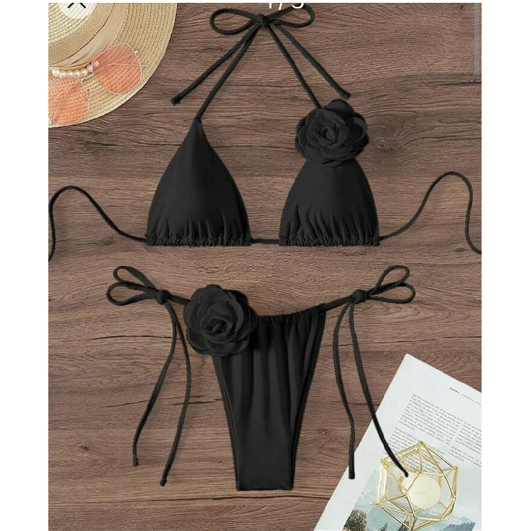 S - XL 3D Flowers Halter Strappy Bikini Women Swimwear Female Swimsuit Two-pieces Bikini set Bather Bathing Suit Swim