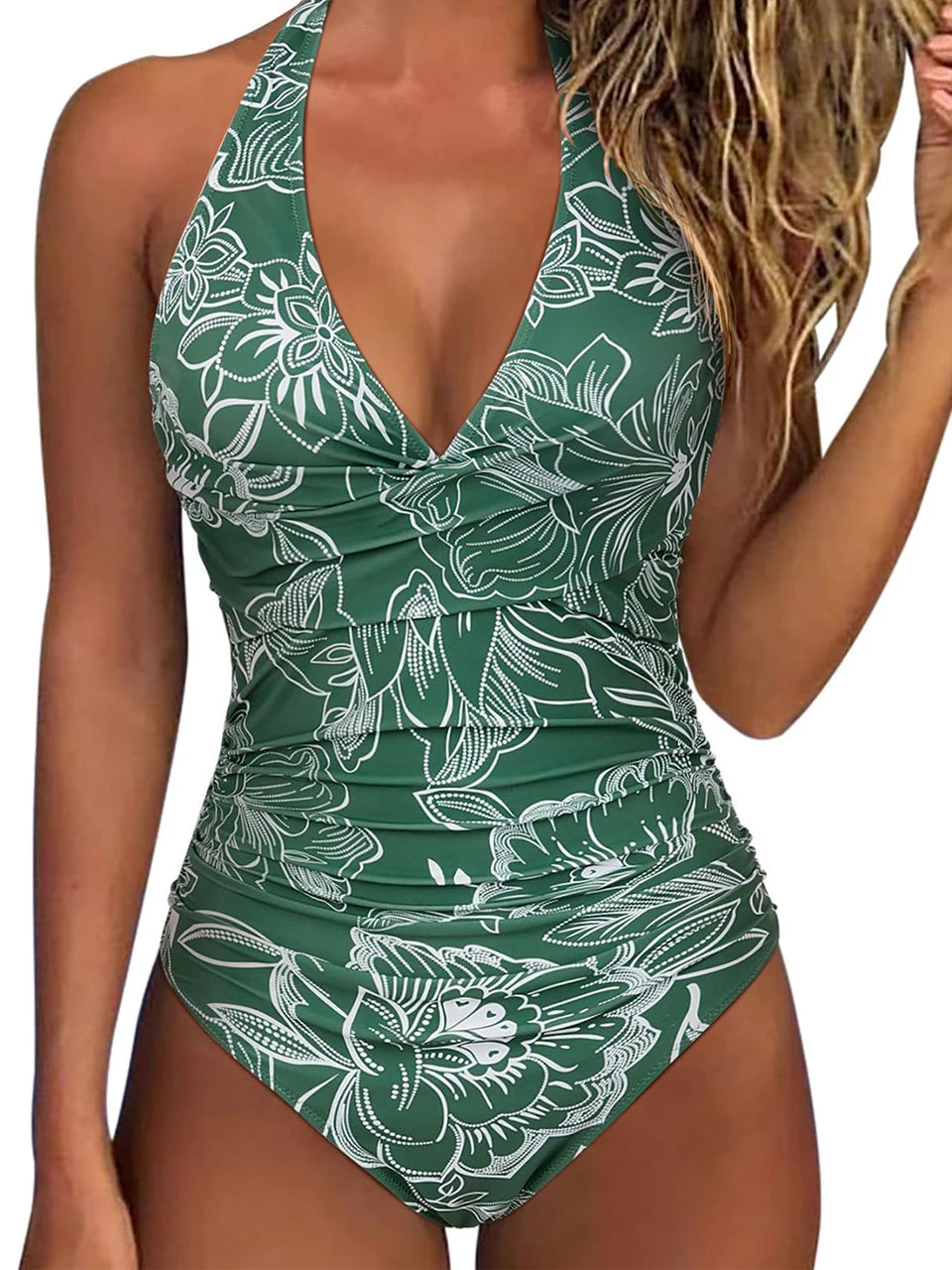 Halter Swimsuit Women One Piece Printed Cross Smocked Swimwear Female Bodysuit Bathing Swimming Suit Padded Beachwear