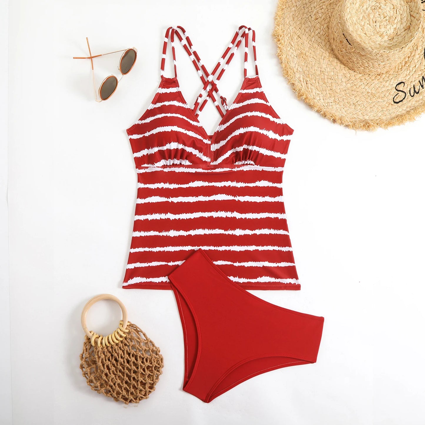 Strappy Tankini Set Two Pieces Swimsuit Women Striped Swimwear Female Bathers Bathing Swimming Swim Suit Beachwear XXL