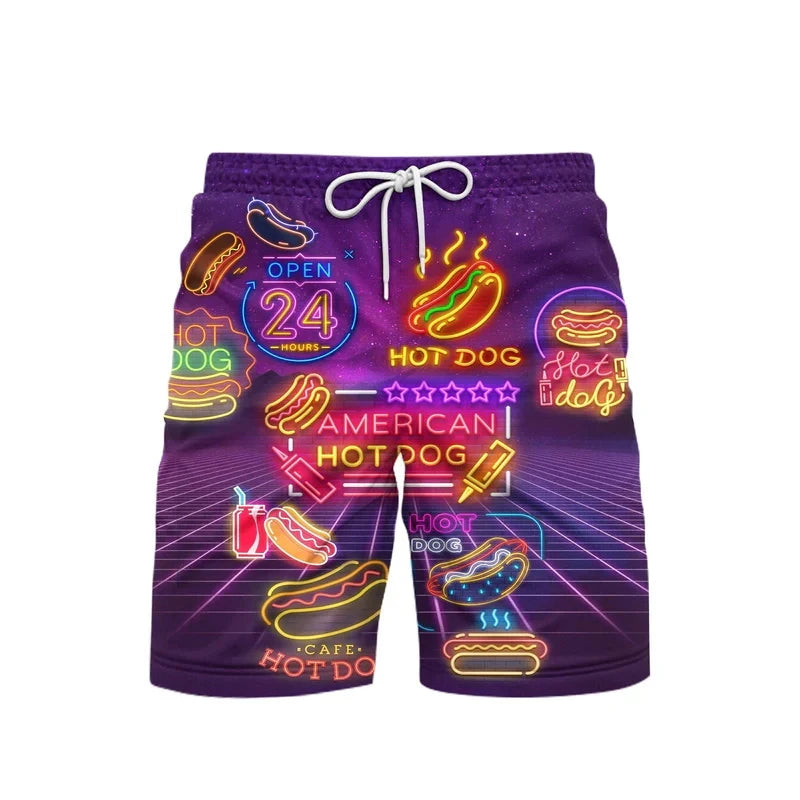 3D Print Neon Pattern Beach Short For Men Summer Hip Hop Personality Food Pattern Music Party Swimming Shorts Quick-drying Trunk