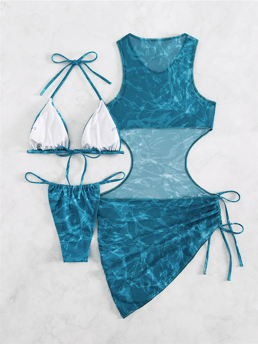 Print Halter String 3 Piece Bikini Triangle Swimsuit Women Swimwear Female Bather Bathing Swimming Swim Suit Beachwear