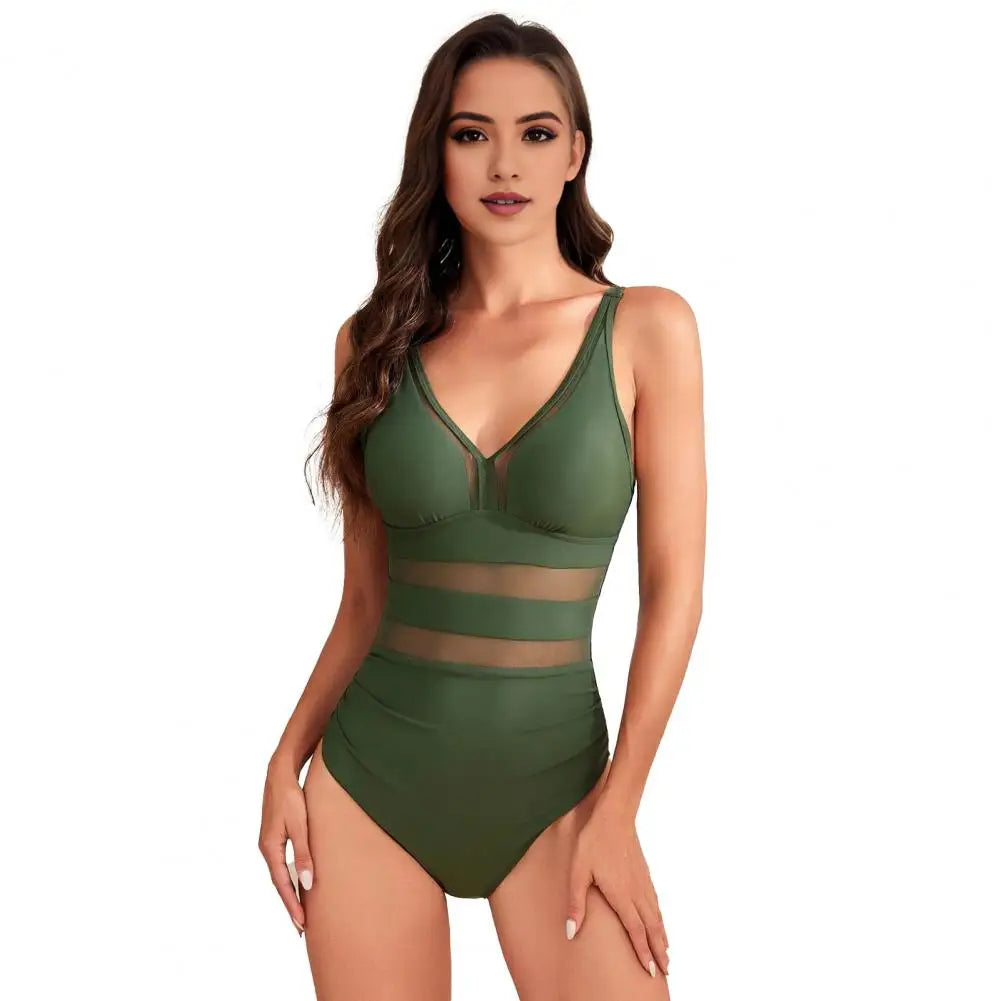 Hollow Mesh Splicing Monokini Swimsuit Stylish Women's Mesh Splicing One-piece Swimsuit Tummy Control V-neck Monokinis Beachwear