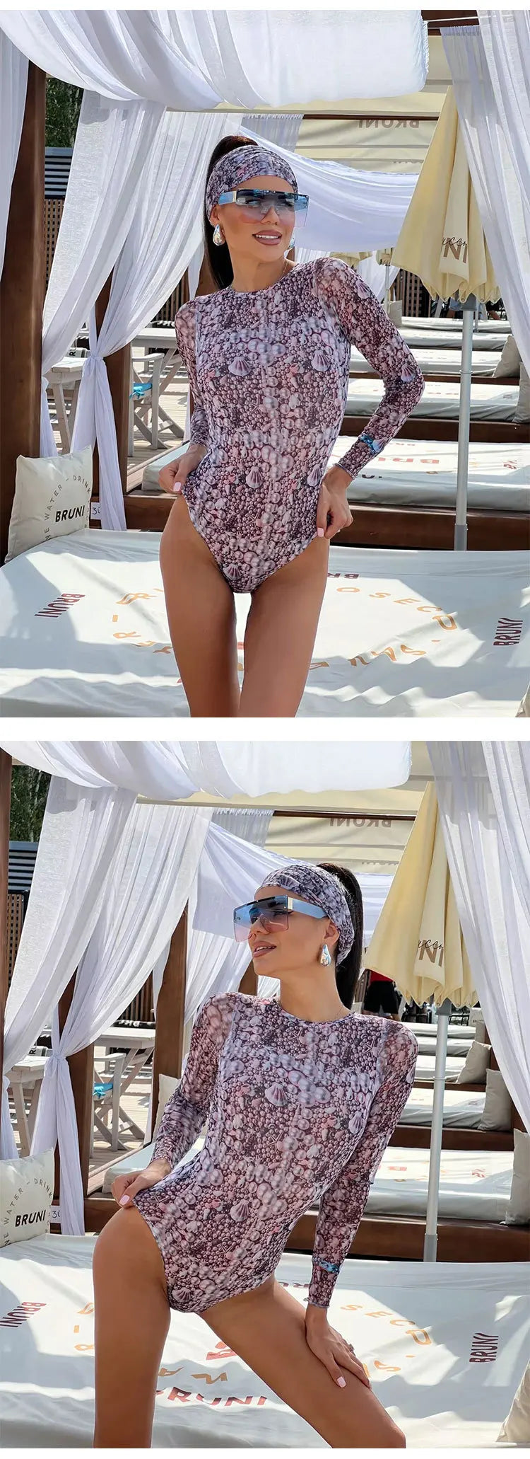 Mesh High Waist Swimsuit Women Summer Bathing Suit Bikini Set Long Sleeve Swimwear Beach Swimming Suit For Female