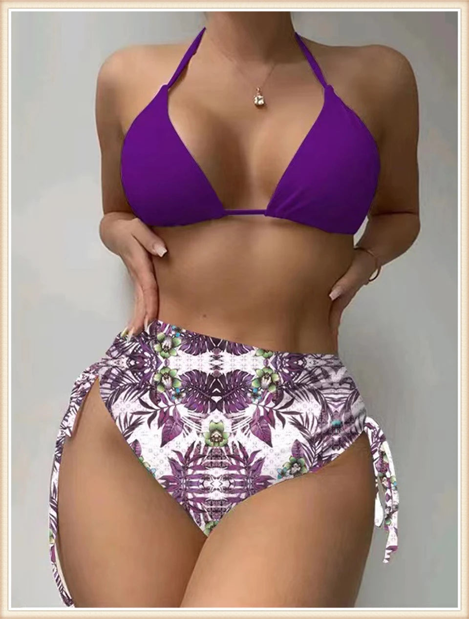 Lace Up Bikinis & Cover Up Long Sleeve Swimwear Women 3-Piece Print Swimsuit Summer Beach Bathing Suit Female Swimming Wear