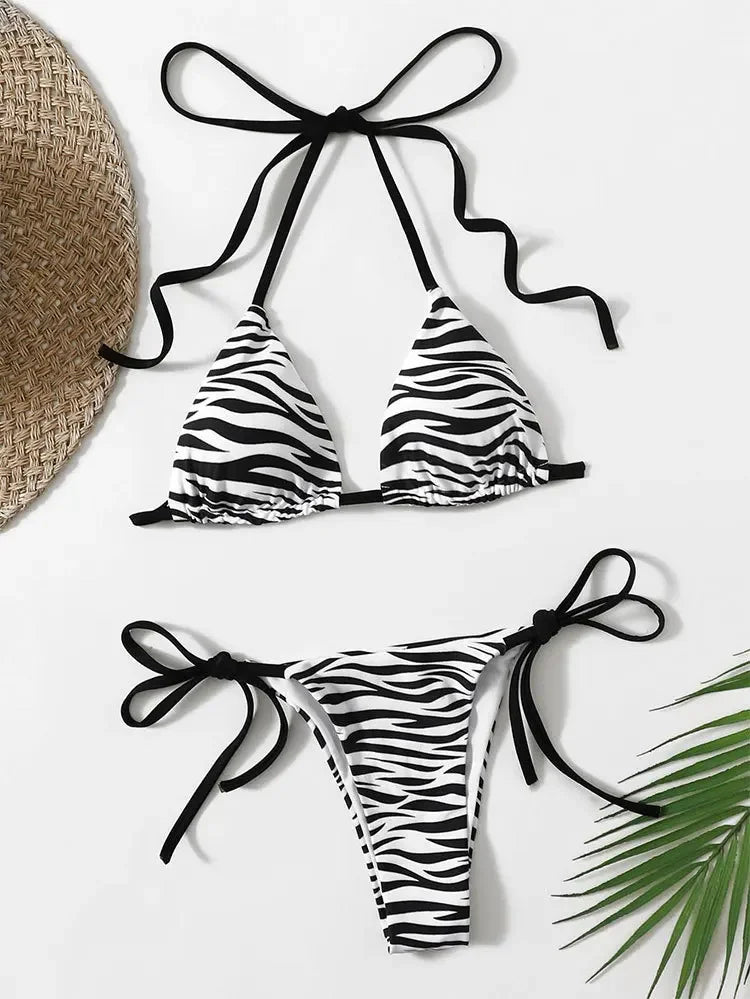 zebra striped micro bikini women halter push up bra triangle swimsuit Brazilian summer bathing suit swimwear swimming suit