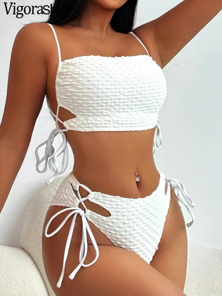 Solid Strapped Bikini Push UP Swimsuit Women High Waist Hollow Swimwear Backless Beach Summer Bathing Suit