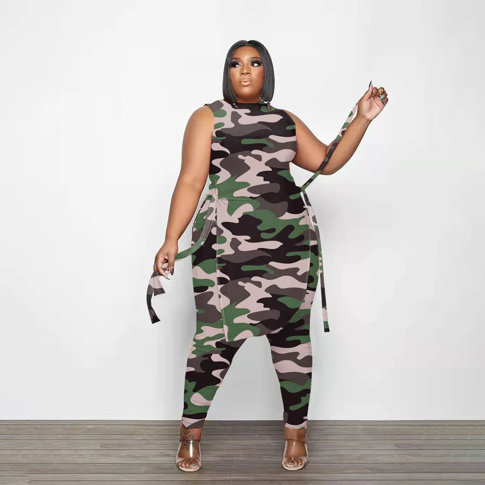 Camouflage Plus Size Women Clothing Two Piece Outfits Sleeveless Round Neck Bandage Crop Tops Pants Sets