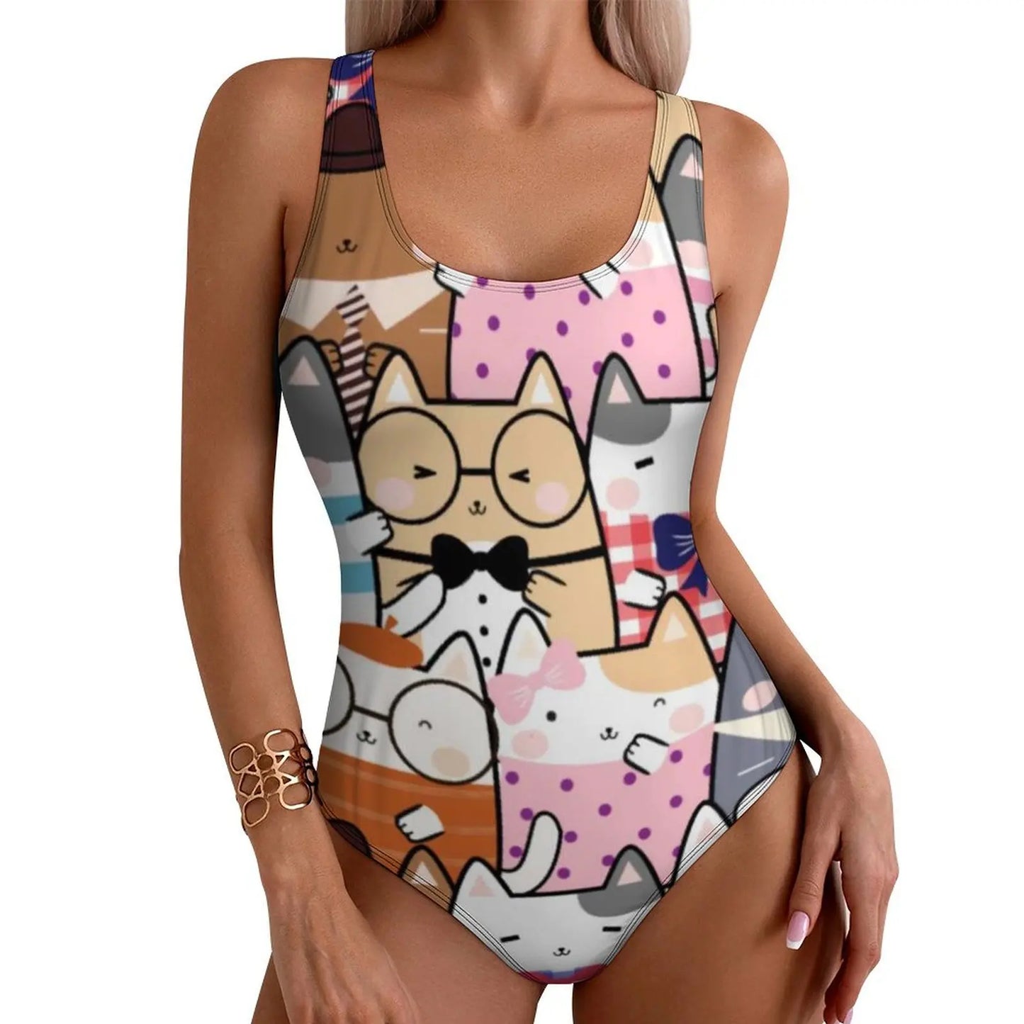Funny Cat Swimsuit Colorful Cats Pop Art Swimwear One-Piece Fitness Bodysuit Cut Out Bathing Suits Ladies Push Up Beachwear