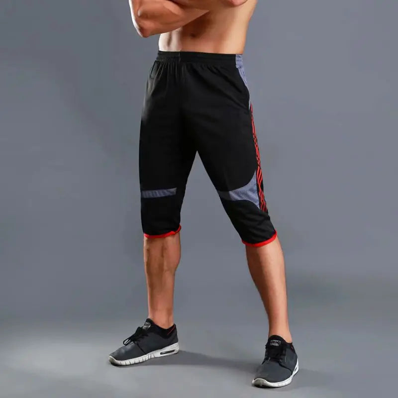 Summer Men Sports Striped Cropped Pants Fitness Running Riding Train Quick Drying Breathable Loose Thin Large Size Shorts