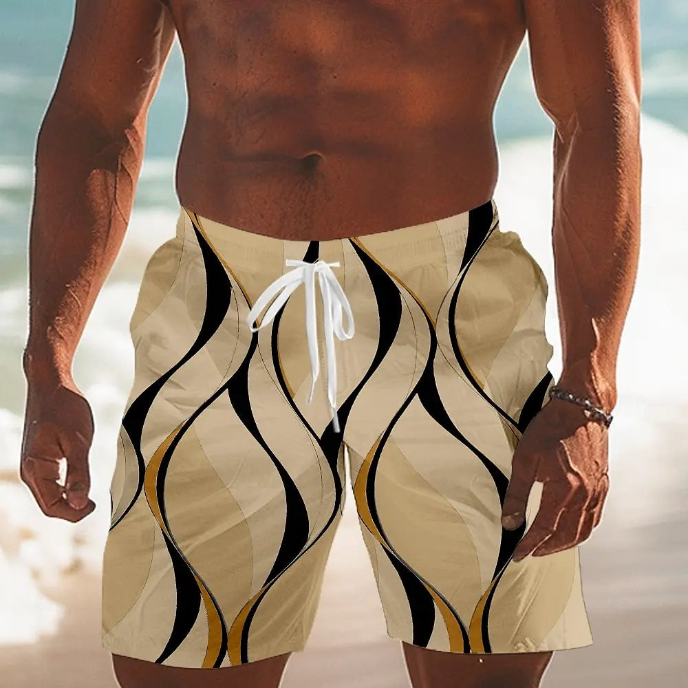 Men's Hawaiian swimming trunks 3D simple line printing shorts quick-drying outdoor leisure sports shorts fashionable men's short