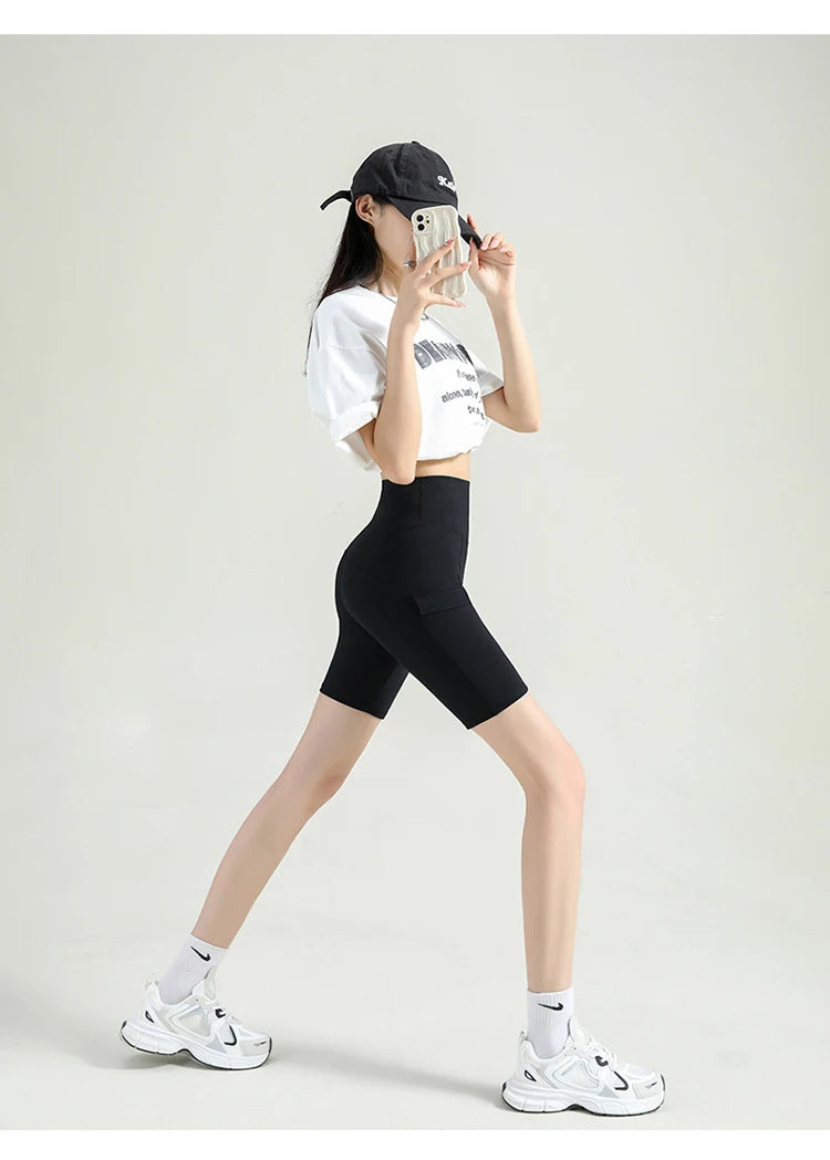 BIVIGAOS Summer New Cargo Pocket Shark Shorts Women's Sport Fitness Cycling Shorts High Waist Running Tight Biker Short Leggings