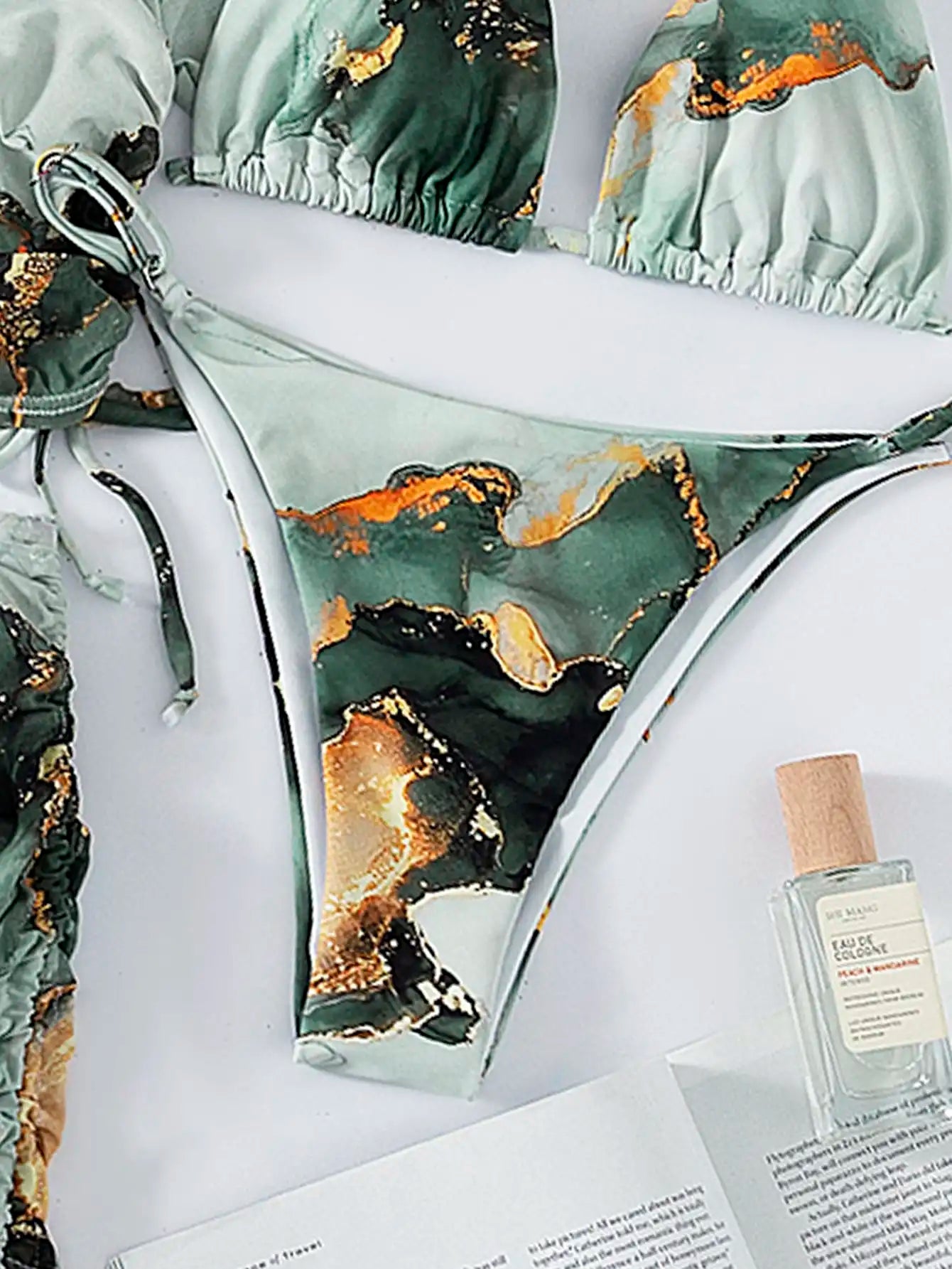 4 Pieces Halter Bikini Swimsuit With Marble Print Cover Up Swimwear Female Beachwear Bathing Swimming Suit Women Summer