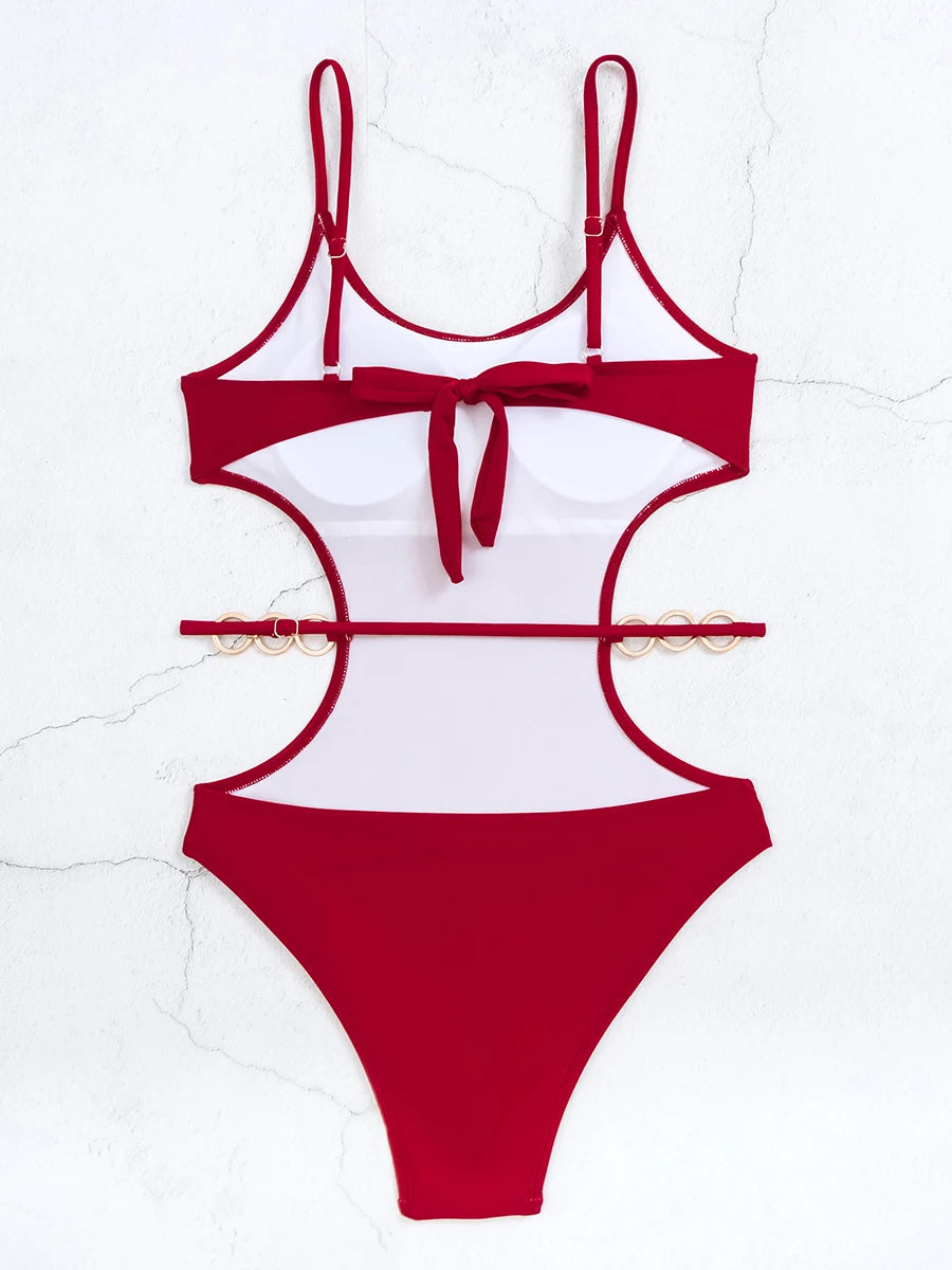 Chain Link Swimsuit Women One Piece Solid Hollow Out Swimwear Female Bathers Bathing Swimming Swim Suit Beachwear